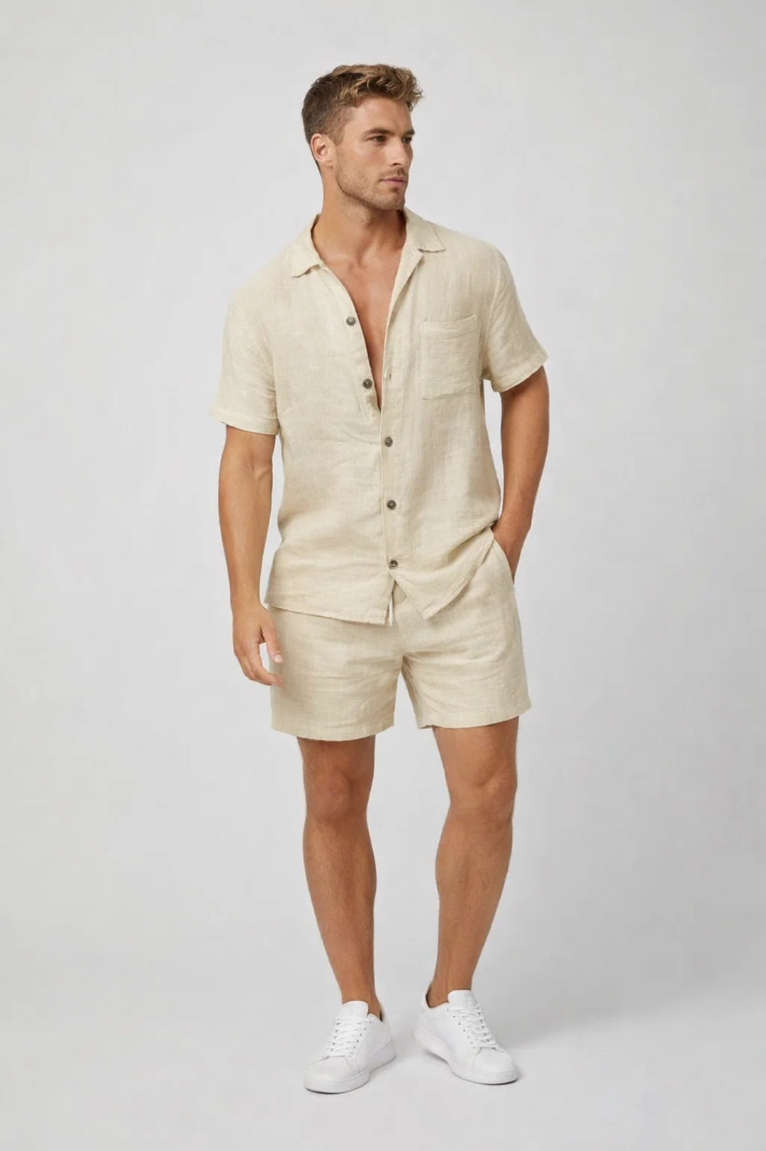 Da Uomo Completo Lino Camicia Shorts Relax Moderno