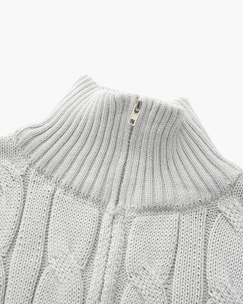 Da Uomo Maglione Tricot con Collo Alto Zip e Lavorazione Intrecciata