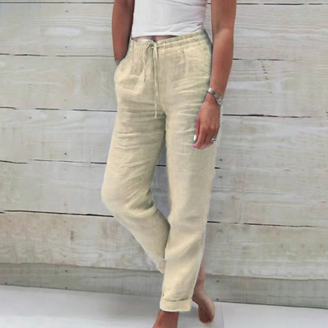 Da Donna Pantaloni in Lino con Coulisse Stile Relax Estivo Leggero