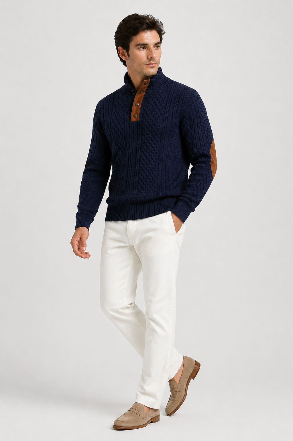 Da Uomo Maglione Trama Intrecciata Collo Alto Bottoni Elegante
