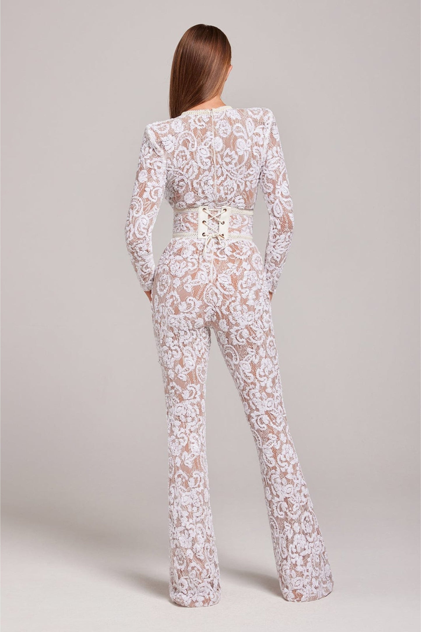 Da Donna Tuta Elegante in Pizzo con Paillettes e Maniche Lunghe