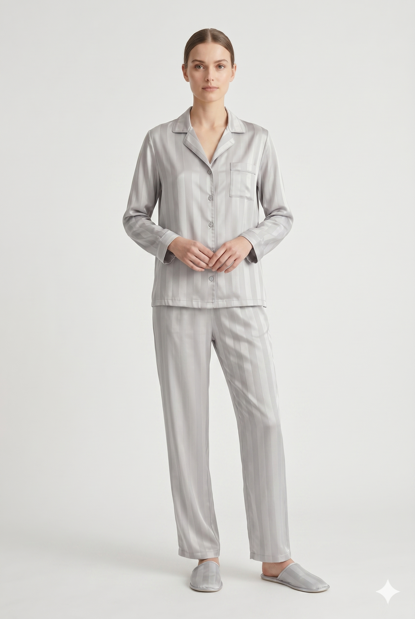 Women's Satin Lounge Set with Buttoned Shirt and Flowing Pants