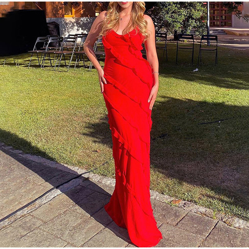 Da Donna Abito Maxi con Balze Decorative e Spalline Sottili