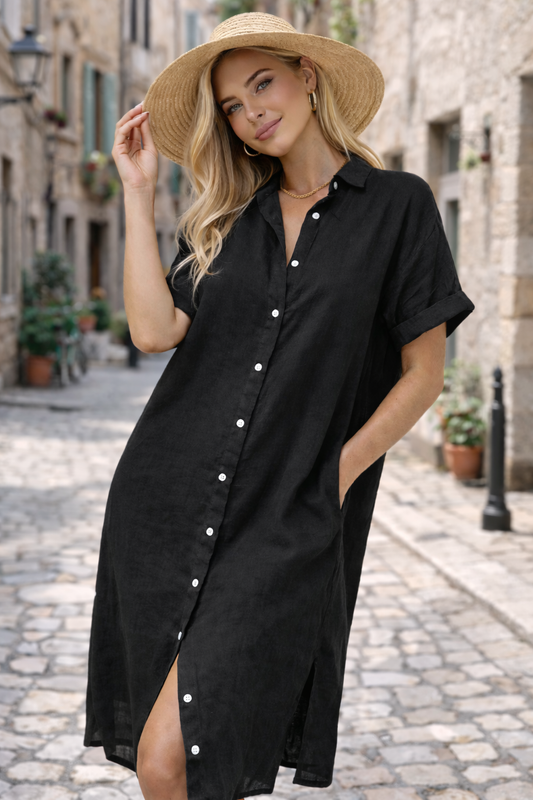 Da Donna Abito Camicia in Cotone con Bottoni e Vestibilità Morbida