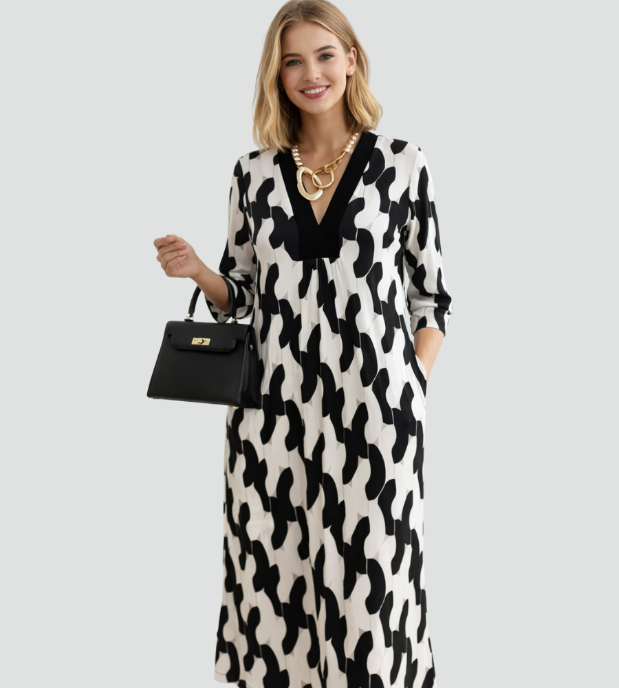 Da Donna Abito Maxi Stampato Scollo a V Maniche a Tre Quarti