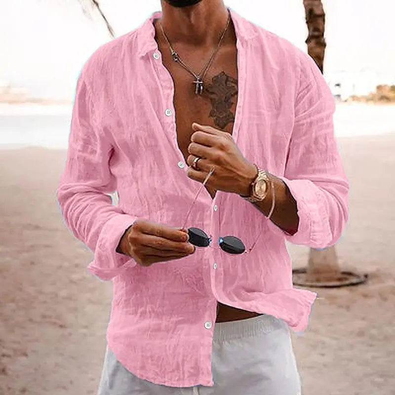Da Uomo Camicia Casual Estiva in Lino a Maniche Lunghe