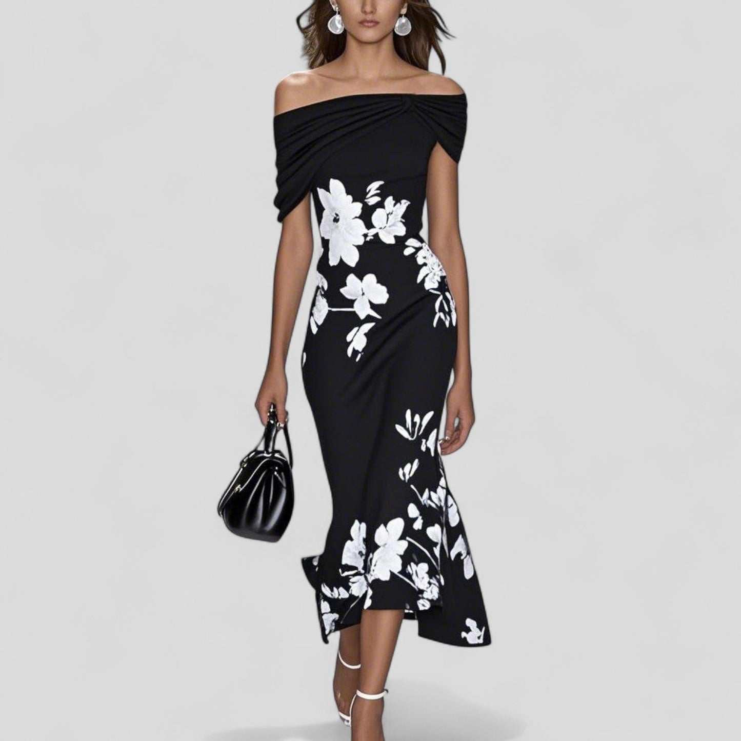 Da Donna Abito Midi Floreale Monospalla con Drappeggio Elegante