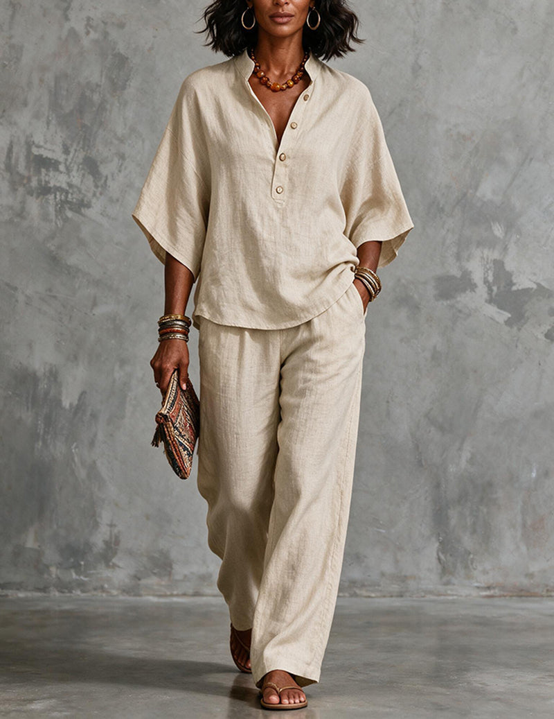 Da Donna Set in Lino con Top a Maniche a Pipistrello e Pantaloni