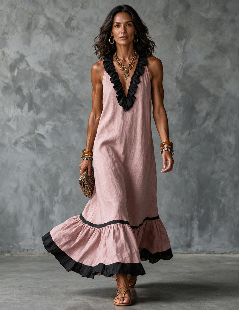 Da Donna Abito Maxi Senza Maniche con Scollatura con Bordo a Volant