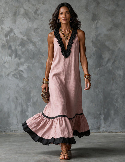 Da Donna Abito Maxi Senza Maniche con Scollatura con Bordo a Volant