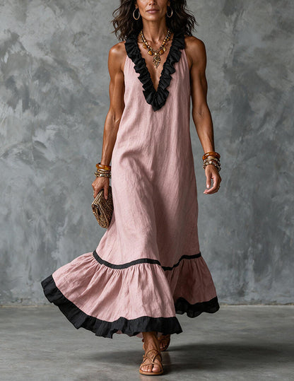 Da Donna Abito Maxi Senza Maniche con Scollatura con Bordo a Volant