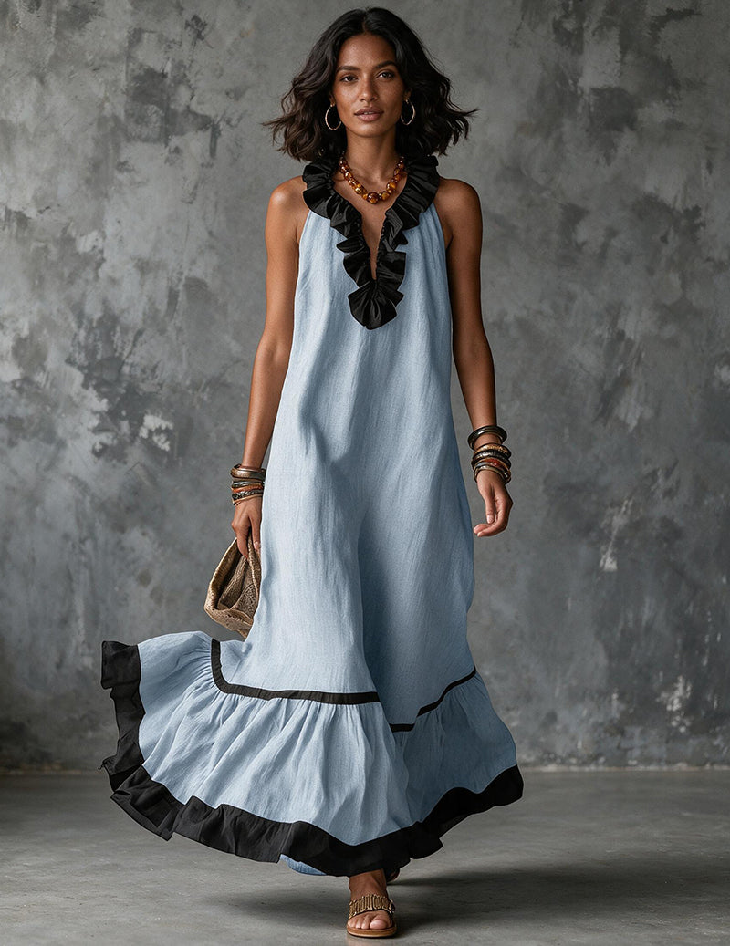Da Donna Abito Maxi Senza Maniche con Scollatura con Bordo a Volant