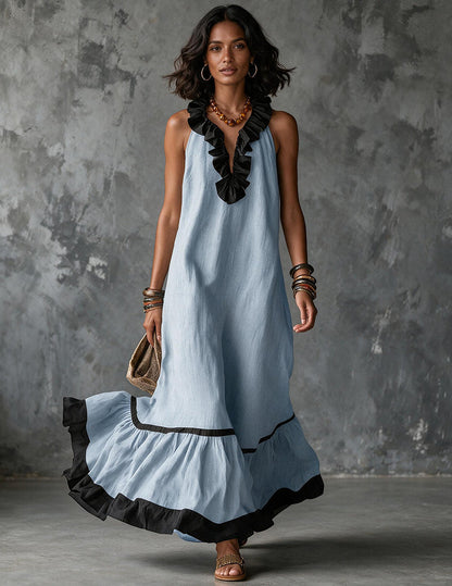 Da Donna Abito Maxi Senza Maniche con Scollatura con Bordo a Volant