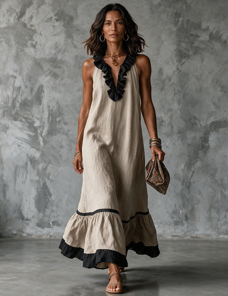 Da Donna Abito Maxi Senza Maniche con Scollatura con Bordo a Volant