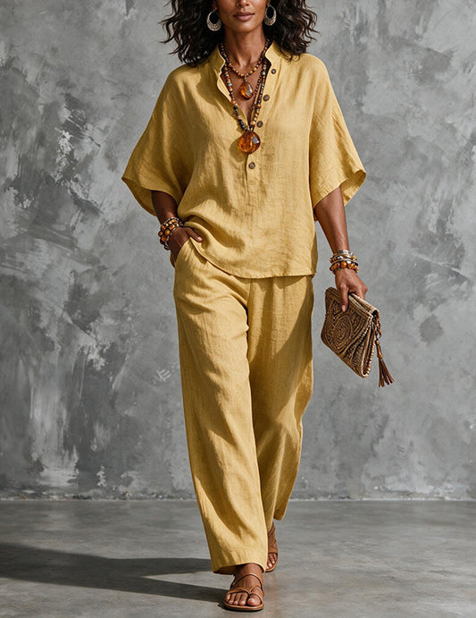 Da Donna Set in Lino con Top a Maniche a Pipistrello e Pantaloni