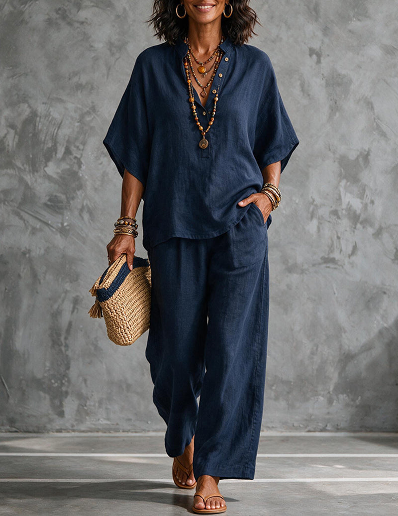 Da Donna Set in Lino con Top a Maniche a Pipistrello e Pantaloni
