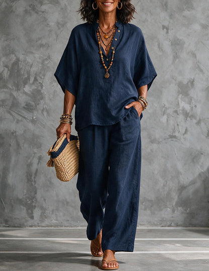 Da Donna Set in Lino con Top a Maniche a Pipistrello e Pantaloni