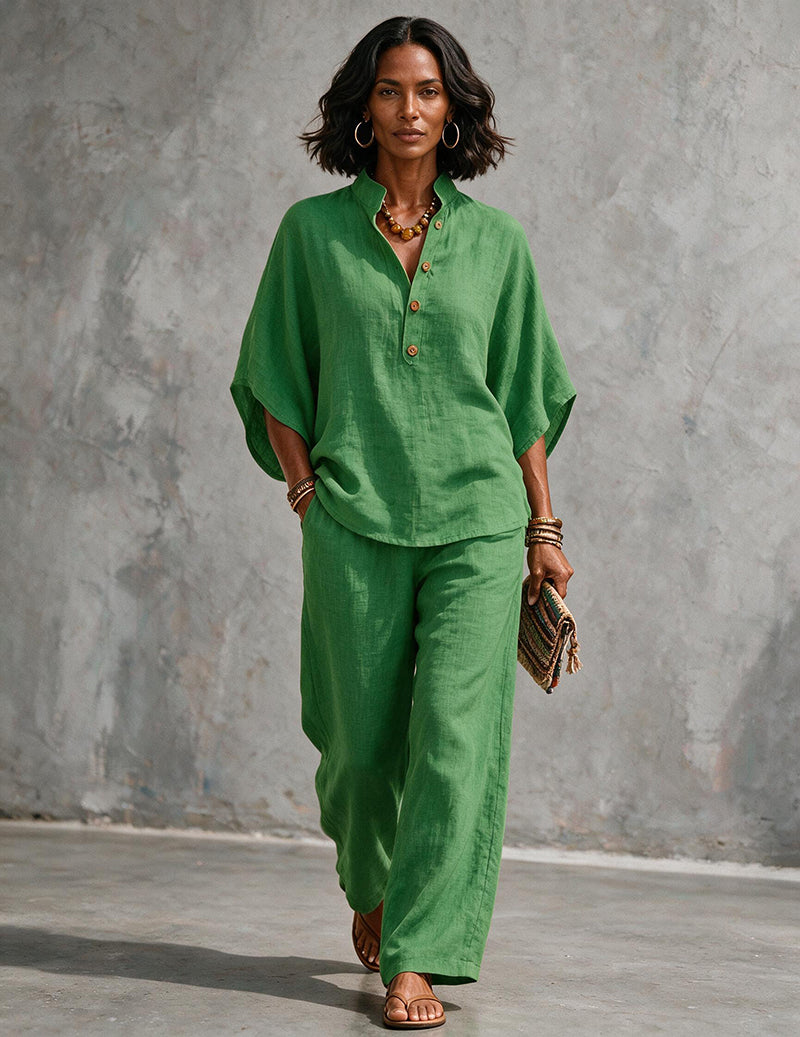 Da Donna Set in Lino con Top a Maniche a Pipistrello e Pantaloni