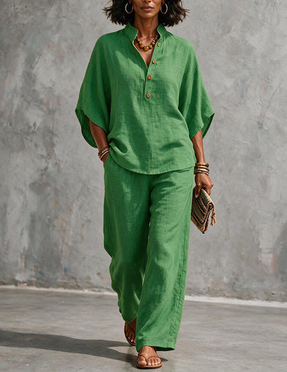 Da Donna Set in Lino con Top a Maniche a Pipistrello e Pantaloni