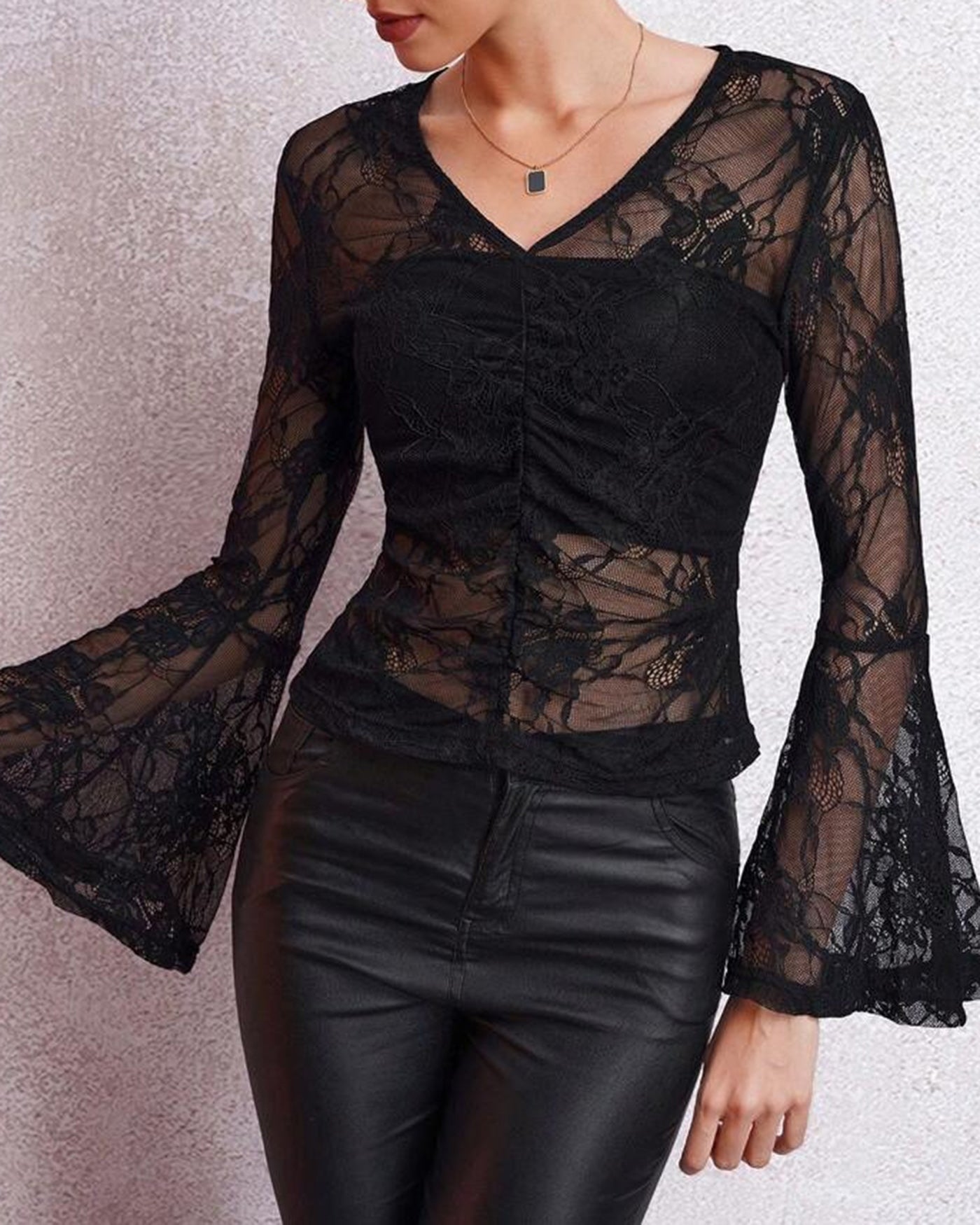 Da Donna Blusa Pizzo Trasparente Maniche Ampie Eleganza Night