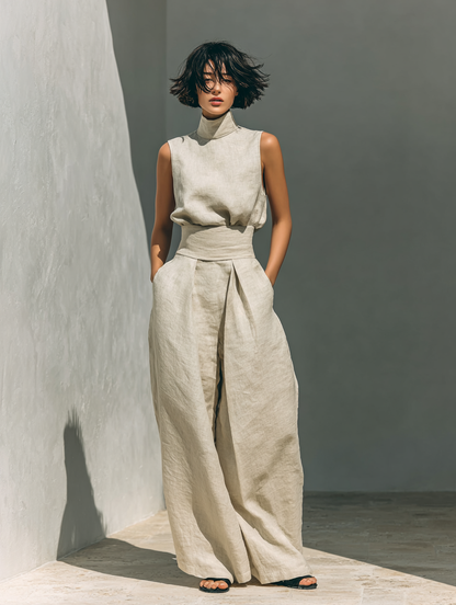 Da Donna Completo Due Pezzi con Top Senza Maniche e Pantaloni Palazzo