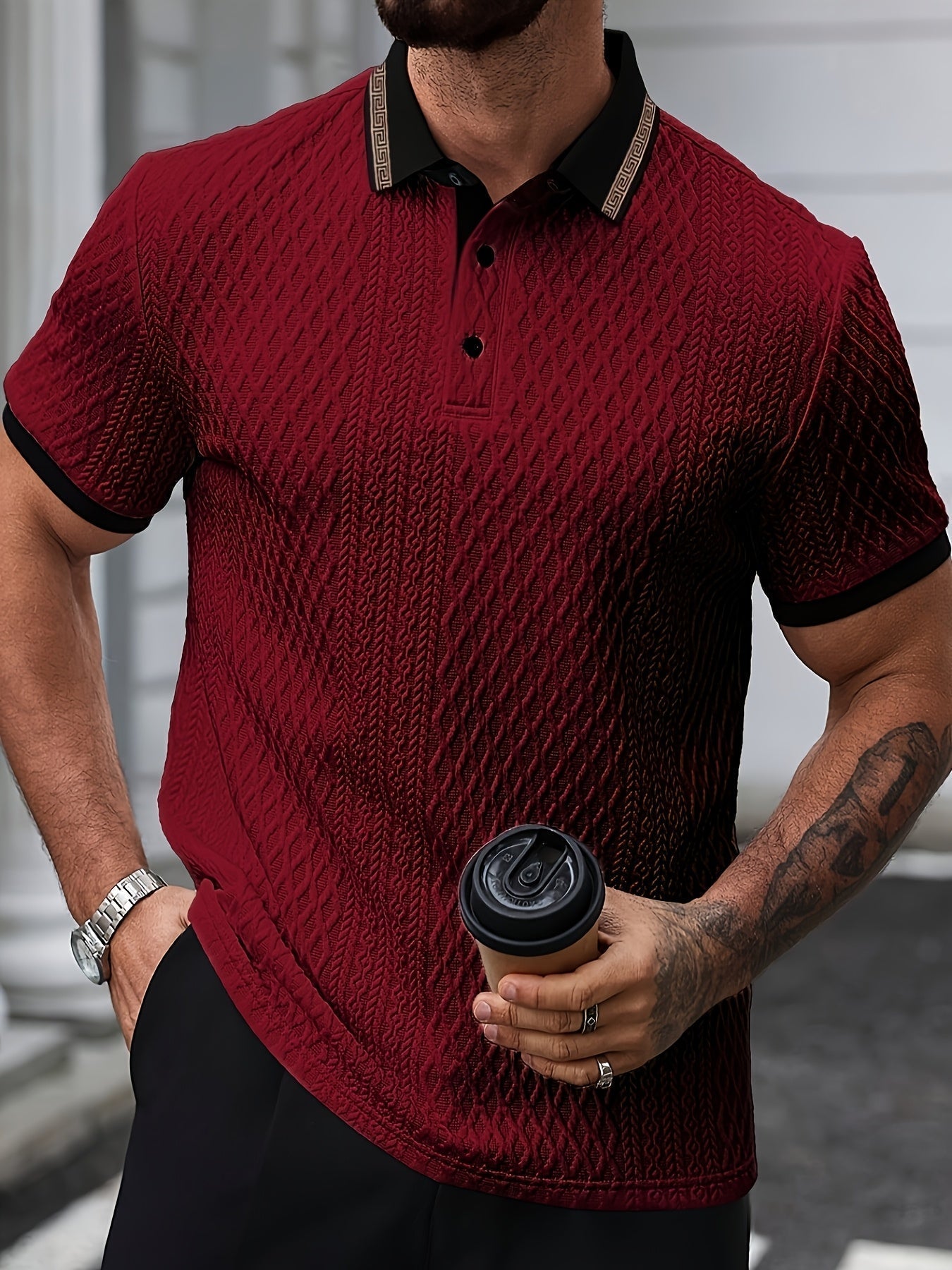 Da Uomo Polo Testurizzata Slim Fit Manica Corta Eleganza Smart Casual Estiva