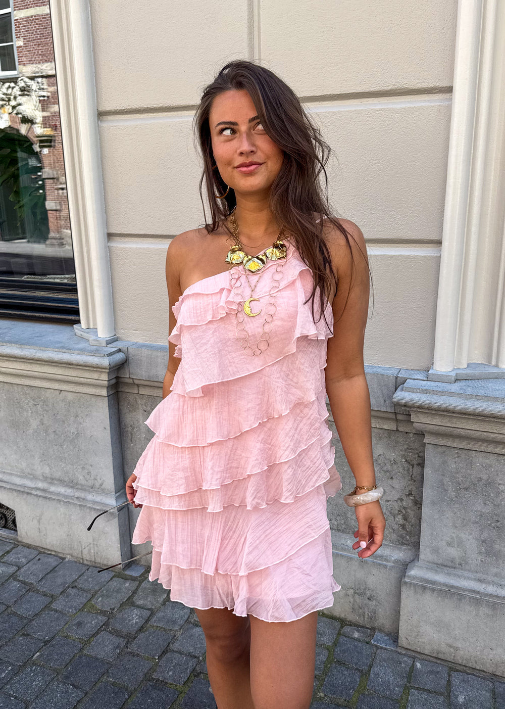 Da Donna Abito Mini Balze Asimmetrico Vestibilità Morbida Moderna