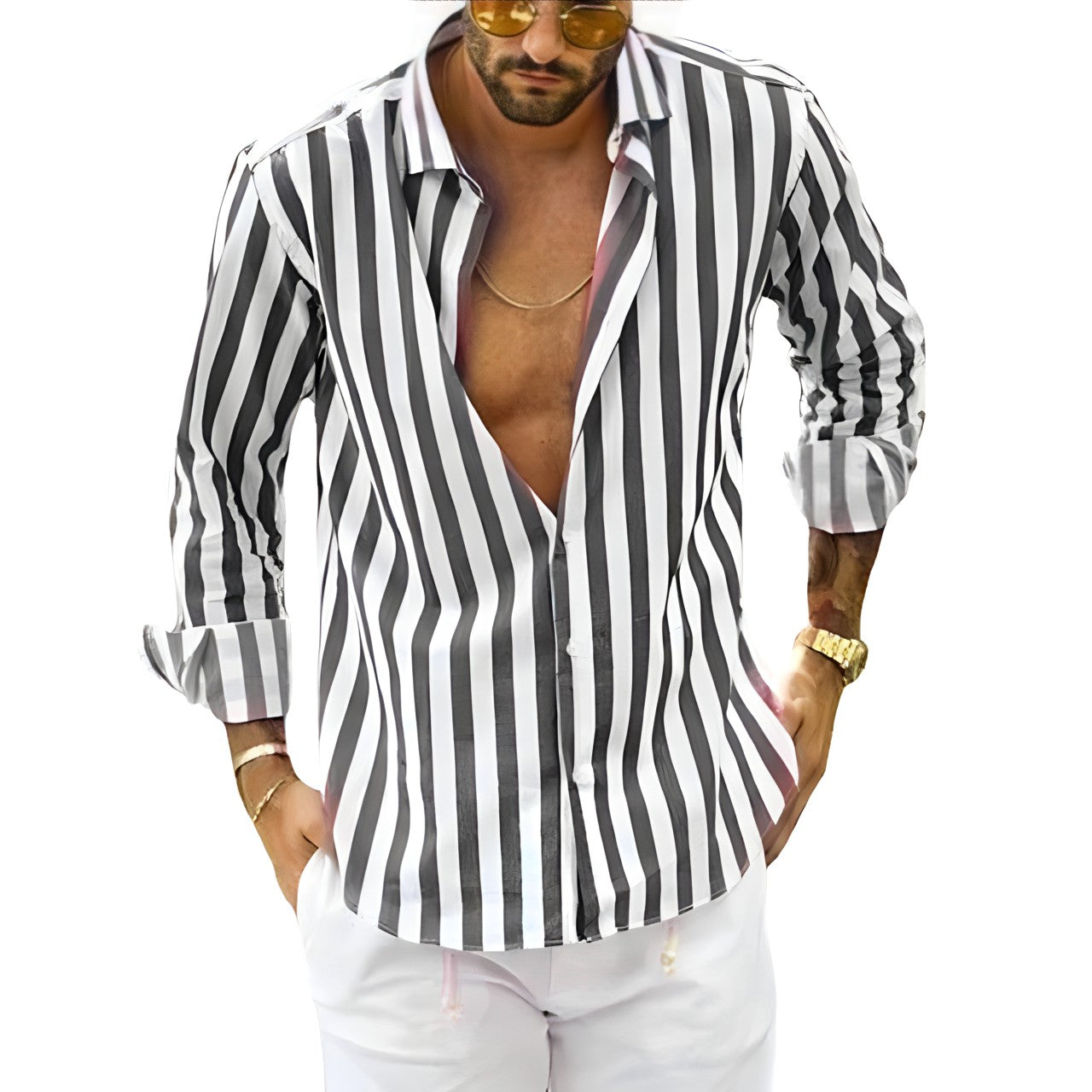 Da Uomo Camicia Leggera con Colletto Aperto e Texture Rigata