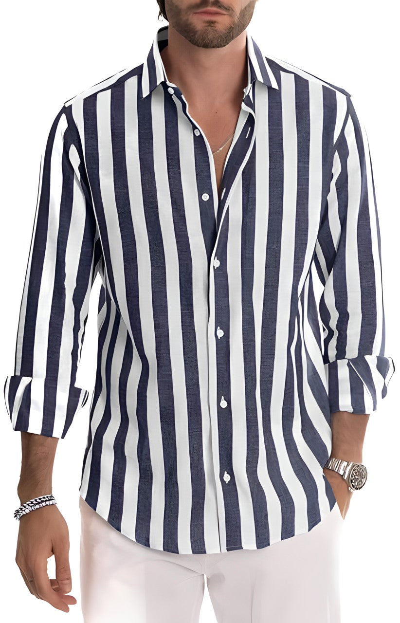 Da Uomo Camicia Leggera con Colletto Aperto e Texture Rigata