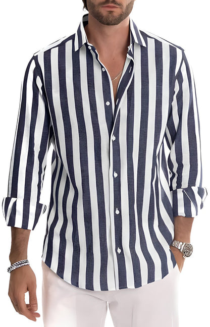 Da Uomo Camicia Leggera con Colletto Aperto e Texture Rigata