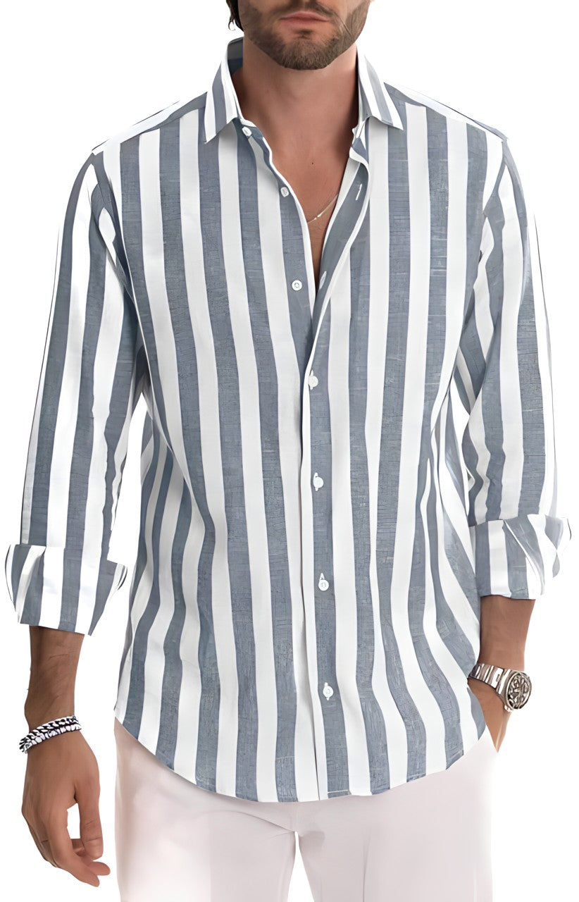 Da Uomo Camicia Leggera con Colletto Aperto e Texture Rigata