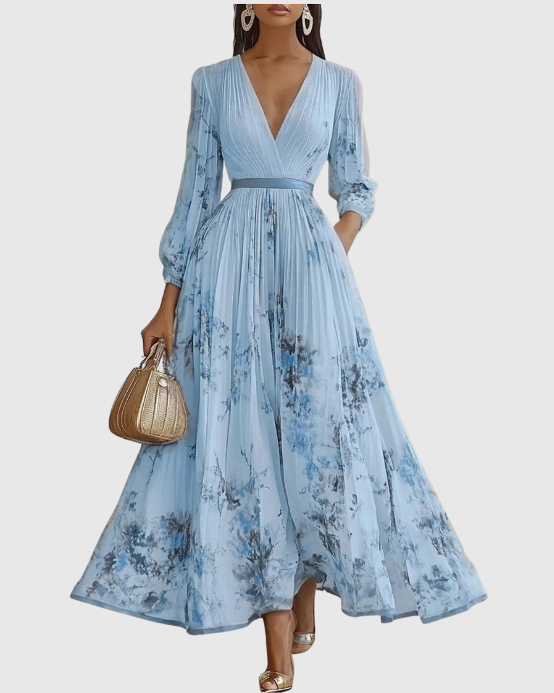 Da Donna Abito Maxi Plissettato con Stampa Floreale Elegante
