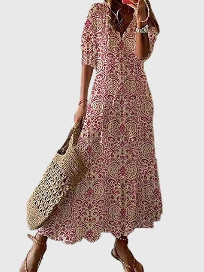 Da Donna Abito Maxi Boho con Stampa e Nappine