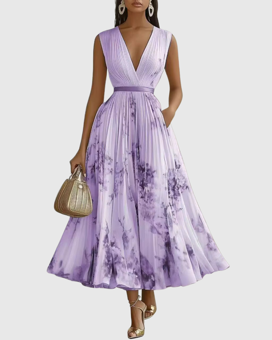 Da Donna Abito Maxi Plissettato con Stampa Floreale Elegante