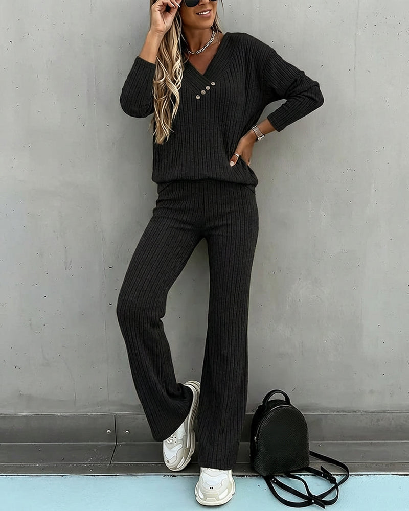 Da Donna Set in Maglia a Coste 2 Pezzi con Scollo a V e Pantaloni Dritti