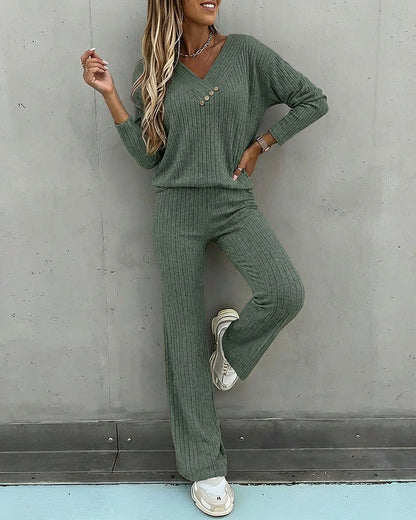 Da Donna Set in Maglia a Coste 2 Pezzi con Scollo a V e Pantaloni Dritti