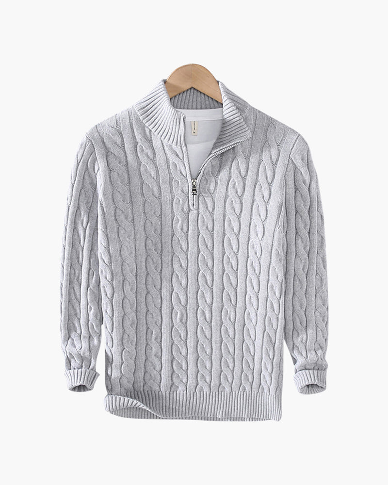 Da Uomo Maglione Tricot con Collo Alto Zip e Lavorazione Intrecciata