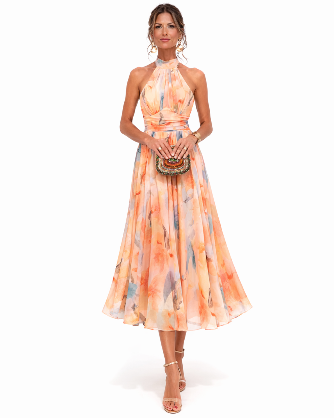Da Donna Abito Midi Stampato con Collo Halter