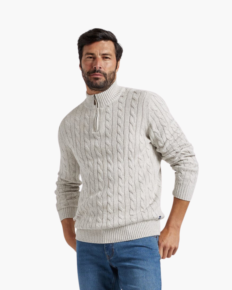 Da Uomo Maglione Tricot con Collo Alto Zip e Lavorazione Intrecciata