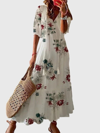 Da Donna Abito Maxi Boho con Stampa e Nappine