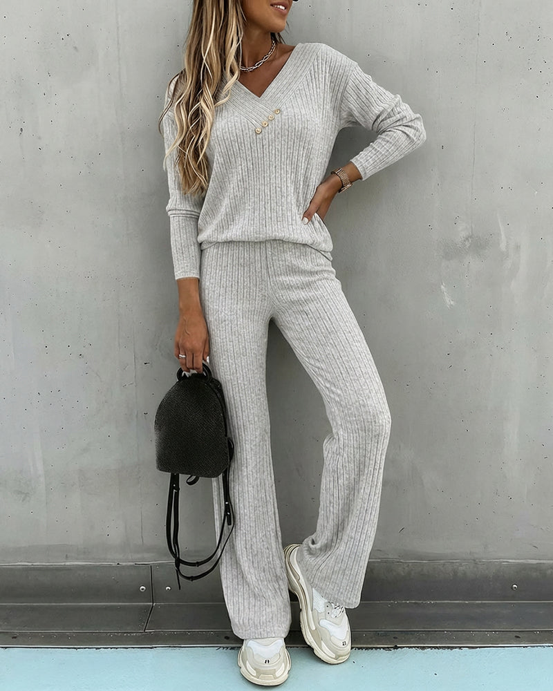 Da Donna Set in Maglia a Coste 2 Pezzi con Scollo a V e Pantaloni Dritti
