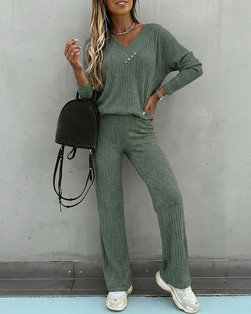 Da Donna Set in Maglia a Coste 2 Pezzi con Scollo a V e Pantaloni Dritti