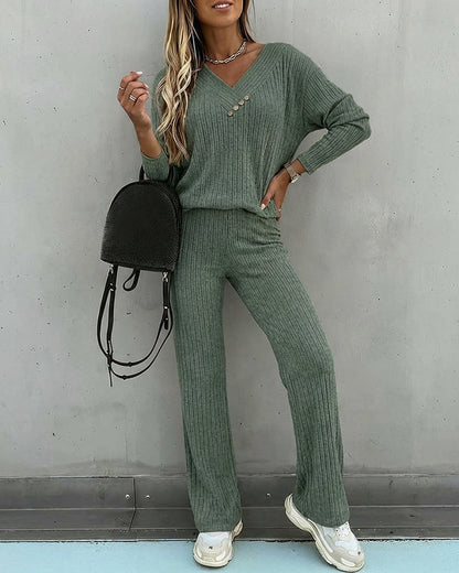 Da Donna Set in Maglia a Coste 2 Pezzi con Scollo a V e Pantaloni Dritti