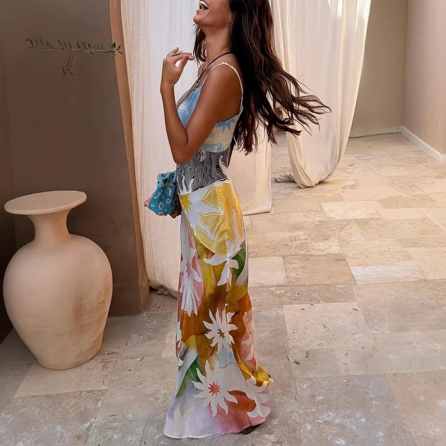 Da Donna Abito Maxi Resort Spalline Silhouette Fluida Artistica