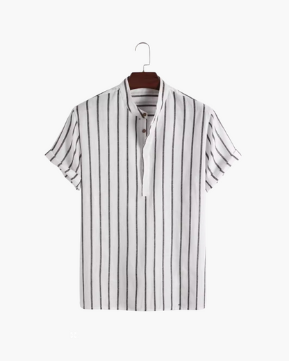 Da Uomo Camicia Estiva a Righe con Colletto Coreano e Maniche Corte