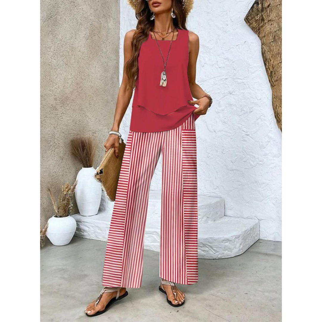 Da Donna Completo Stampato Smanicato con Pantaloni Ampi