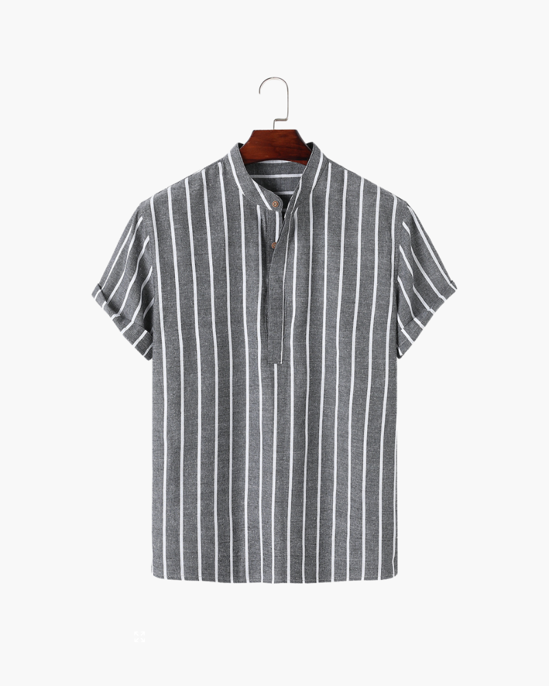 Da Uomo Camicia Estiva a Righe con Colletto Coreano e Maniche Corte