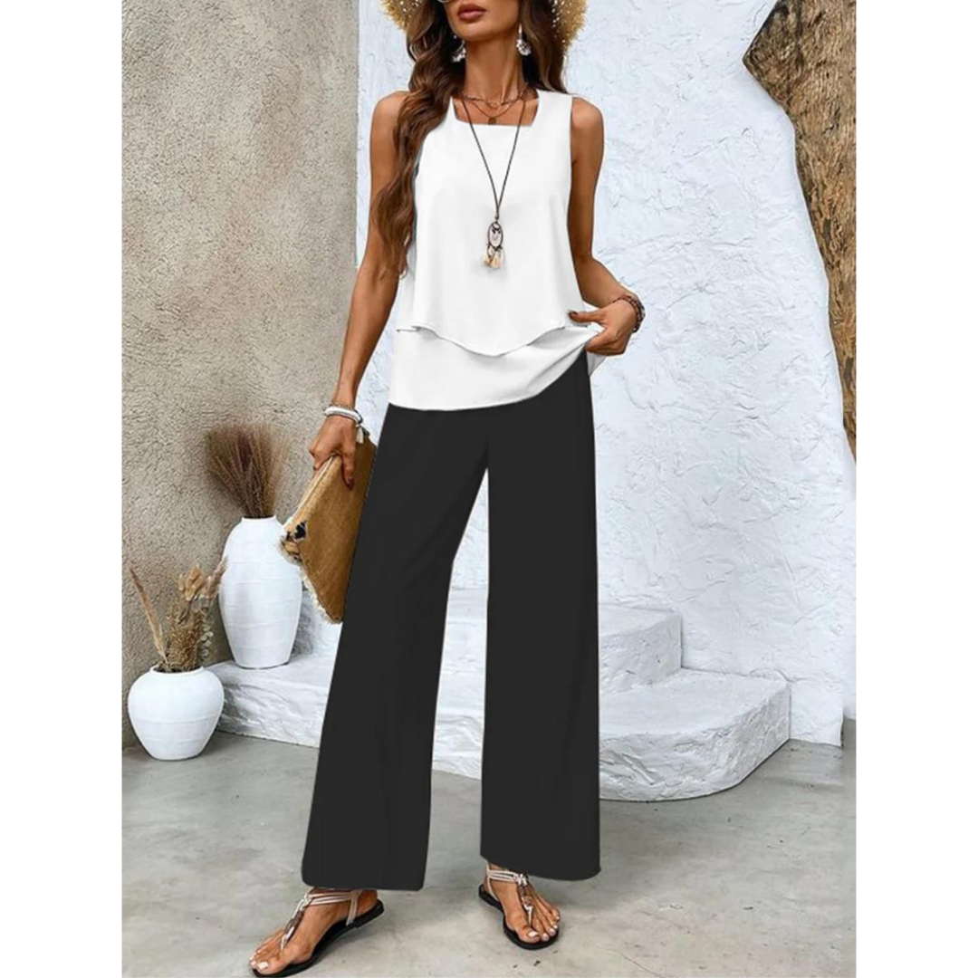 Da Donna Completo Stampato Smanicato con Pantaloni Ampi