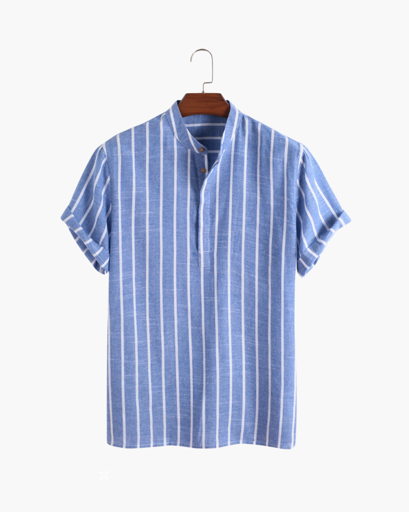 Da Uomo Camicia Estiva a Righe con Colletto Coreano e Maniche Corte