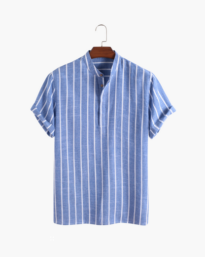 Da Uomo Camicia Estiva a Righe con Colletto Coreano e Maniche Corte
